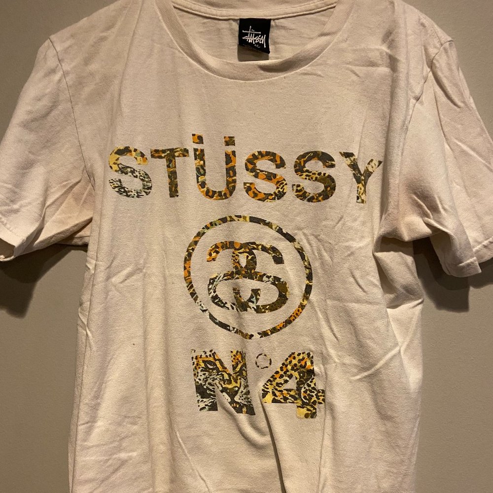 Men's White Stussy Cheetah Print Chanel Logo - Small